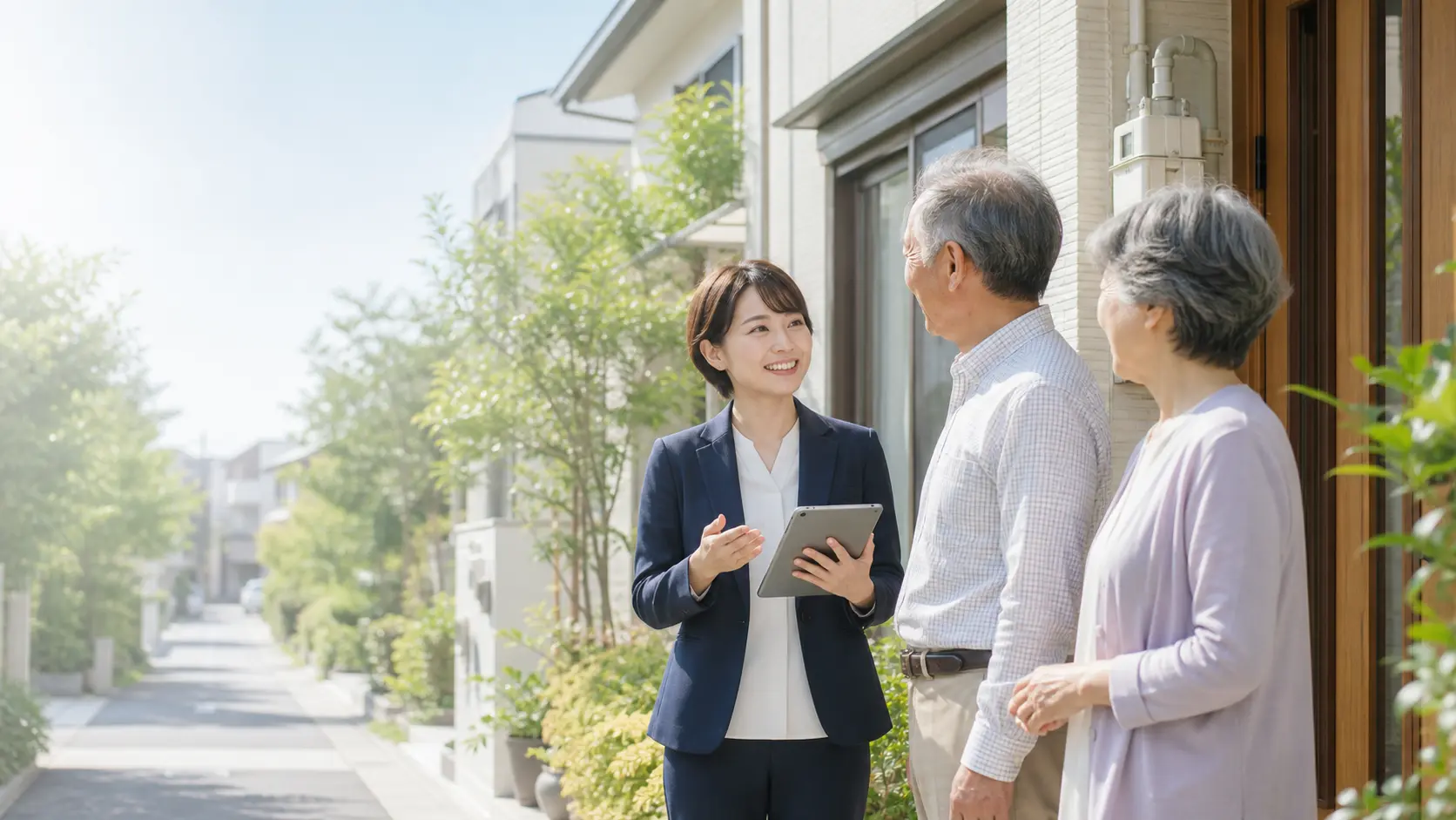 住まいの前で相談を受けるスタッフと高齢のご夫婦